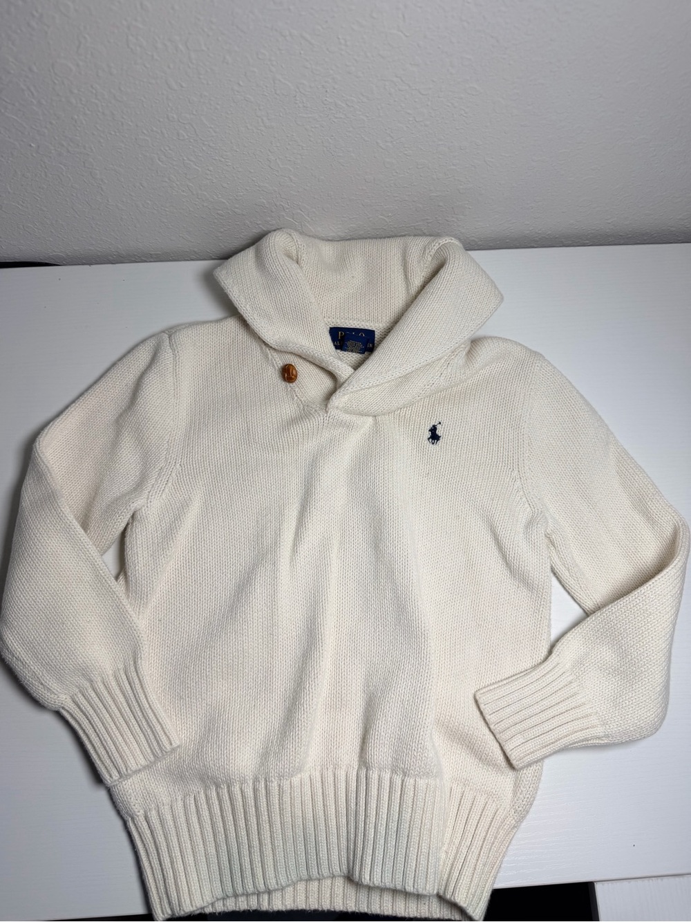 Polo by Ralph Lauren Men's Cream Shawl Turtleneck Sweater with Navy Pony